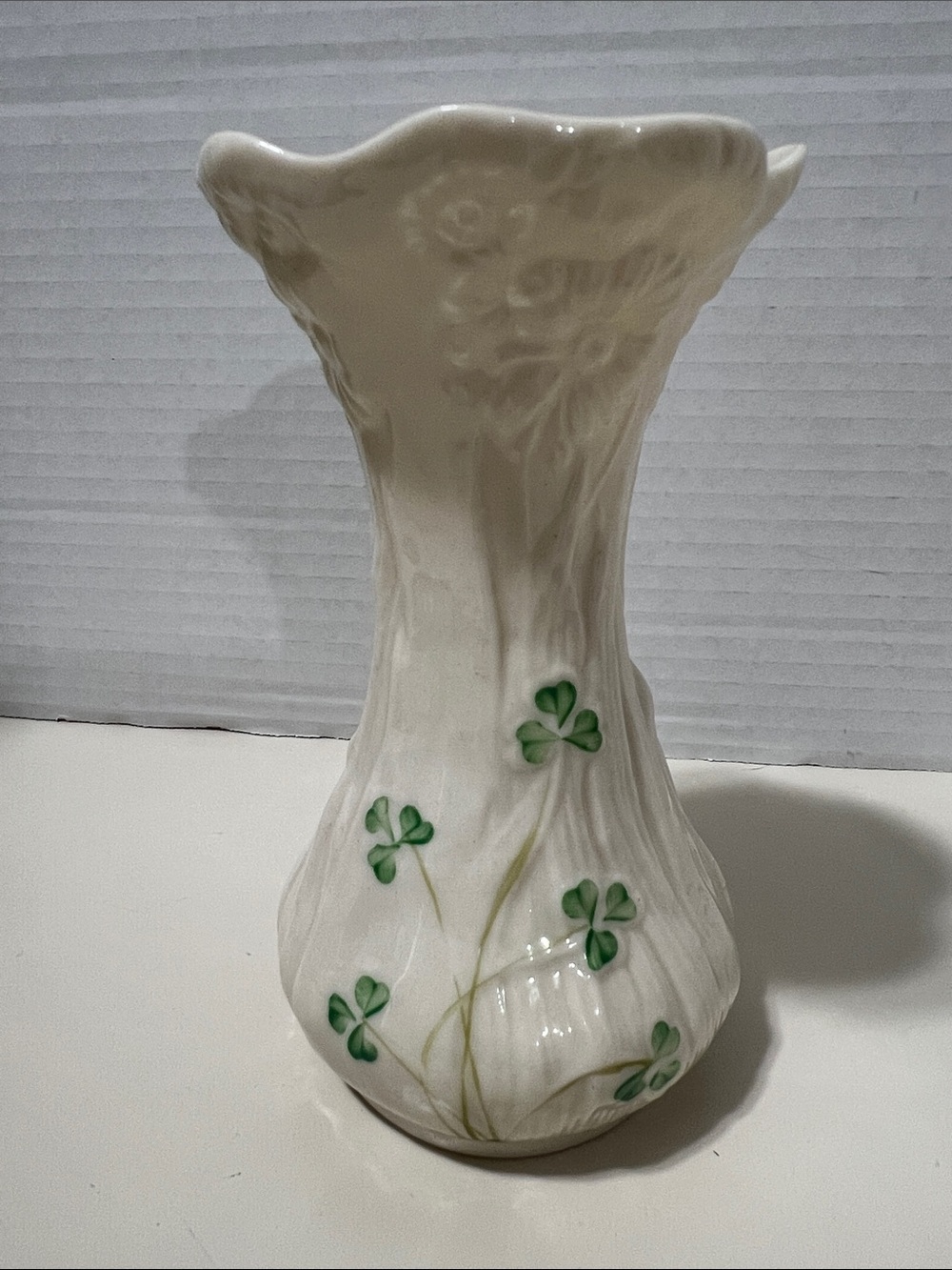 Belleek White Porcelain Shamrock Motif Vase